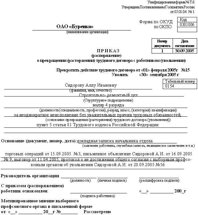 Бланк выписка из приказа об увольнении